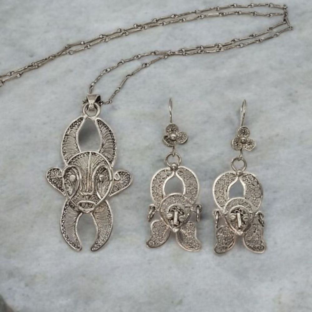 Vintage Set African Tribal 800 Silver Filigree Mask Pendant & Dangle Earrings